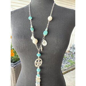 Chicos SilverTone 20" Long Starfish Turquoise Bead Tassel Statement Necklace NEW